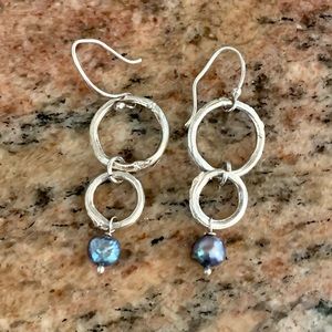 Vintage Sterling Silver Artisan Handmade Earrings pearl drop twig peacock gray